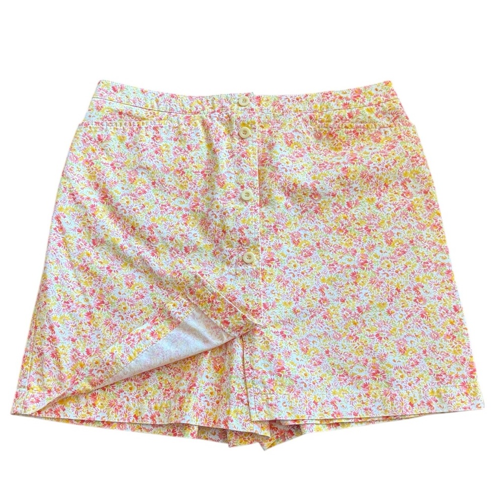 Vintage Liz Claiborne Lizsport Floral Skort 100% Cotton Pockets Pink/Yellow 14